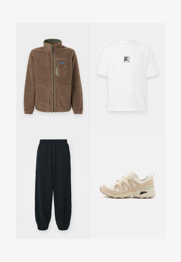 Pruun täispikk zip-fliiskate, kõrge kraega, kahe alaosa taskuga, ühe rinna taskuga, millel on roheline tõmblukk, ja Penfieldi logo märk.; Valge puuvillane T-särk, millel on keskel must ja hall logo graafika. Klasikaline ümmargune kaelus ja lühikesed varrukad, millel on mugav lõige.; Mustade elastse vöökoha ja laia lõikega dressipüksid, mansetiga sääred, sile tekstuur ning ilma nähtavate mustrite või detailideta.; Beež ja koobalti spordijalats tekstureeritud võrkkattega, toetavad ülemised kihid ja kummist tallaga, millel on mustriga joonistus haardeks.