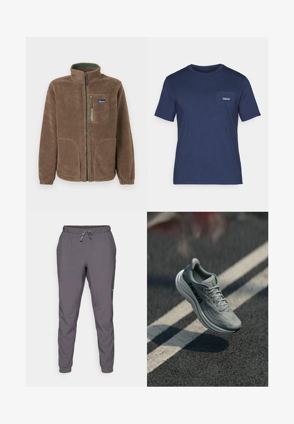 Barna, teljes hosszúságú, cipzáras polárruha magas gallérral, két alsó zsebbel, egy mellzsebbel zöld cipzárral és Penfield logóval.; Sötétkék pamut póló rövid ujjakkal, kerek nyakkivágással és egy mellzsebbel, amelyen egy kis logó folt található. Puha tapintás, klasszikus fazon.; Szürke, könnyű, elasztikus derékú nadrág állítható zsinórral; szűkített lábak; sima textúra; oldalon logó részlet található.; Világosszürke Hoka futócipő a levegőben, egy aszfaltúton, fehér sávjelzésekkel és apró földdarabokkal.