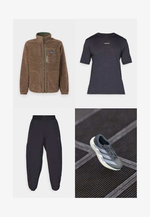 Casaco de fleece castanho com fecho de correr completo, gola alta, dois bolsos inferiores, um bolso no peito com fecho verde e patch do logotipo Penfield.; T-shirt de desempenho preta de manga curta, feita de tecido respirável, com decote redondo e pequeno logótipo branco "SALOMON" no peito.; Calças de desporto pretas com cintura elástica, bolsos laterais com fecho, pernas ajustadas e um logótipo discreto na coxa direita.; Shoe desportivo em cinza e branco, feito de material sintético, com um design aerodinâmico, acabamento texturizado e um sistema de atacadores proeminente.
