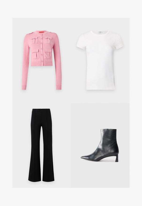 Pink cropped cardigan made of knit fabric, featuring four front pockets, round neckline, and button front closure. Ribbed cuffs and hem.; White ribbed short-sleeve T-shirt with a crew neck. The fabric appears smooth with a fitted silhouette. Branding label visible at the collar.; Black flared pants with a high waist, made of stretchy fabric. Features vertical seam details on the front and a smooth texture.; Black leather ankle boot with a pointed toe and a sleek design. Features a low heel and a zipper closure at the back. Smooth texture.