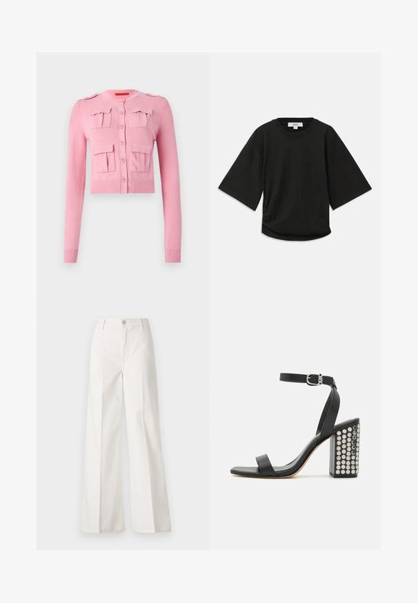 Ružový skrátený cardigan z pleteného materiálu, s štyrmi prednými vreckami, okrúhlym výstrihom a zapínaním na gombíky. Rúbkované manžety a spodný lem.; Čierne tričko s krátkym rukávom vyrobené z mäkkej bavlny, s okrúhlym výstrihom a voľným strihom s jemným zberaním na boku.; Biele široké nohavice vyrobené z bavlny s hladkou textúrou. Obsahujú predný gombík, zips a dizajn so štyrmi vreckami.; Čierne kožené sandále na podpätku s remienkom okolo členka. Majú štvorecový špičku, hladký povrch a štvorcovú blokovú pätu ozdobenú striebornými cvokmi.