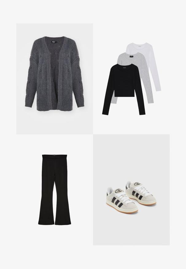 Szary kardigan z dzianiny o prążkowanej teksturze, otwarty z przodu, z kablowym splotem na rękawach. Posiada długie rękawy i luźny krój.; Trzy bluzki z długim rękawem ułożone jedna na drugiej: czarna, szara i biała. Każda z okrągłym dekoltem i skróconym fasonem, wykonana z gładkiego, lekkiego materiału.; Czarne legginsy w stylu dzwonów wykonane z elastycznej tkaniny. Posiadają szeroki pas i gładką teksturę, z dopasowanym krojem, który rozszerza się ku dołowi.; Szare zamszowe trampki z białymi sznurówkami, czarnymi paskami i białą gumową podeszwą. Posiadają okrągłe logo na języku oraz gumową podeszwę.