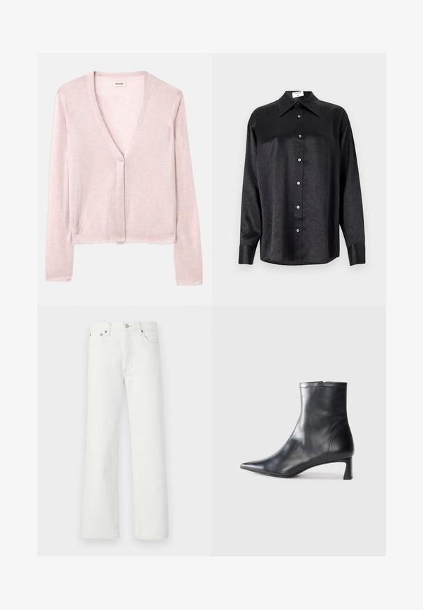 Helles rosa Strickcardigan, verkürztes Design, lange Ärmel, V-Ausschnitt, Einzelknopfverschluss, weiche Textur, dezentes Strickmuster und ungesäumte Details.; Schwarzes Langarmhemd mit kragenförmigem Halsausschnitt, mit einem zerknitterten Textur, voller Knopfleiste und Manschetten. Hergestellt aus einem glatten Stoff.; Weiße Jeans im klassischen Schnitt mit geradem Bein, fünf Taschen und metallenen Akzenten am Bund und an den Taschen.; Schwarze Lederstiefelette mit spitzer Zehe und schlankem Design. Verfügt über einen niedrigen Absatz und einen Reißverschluss hinten. Glatte Textur.