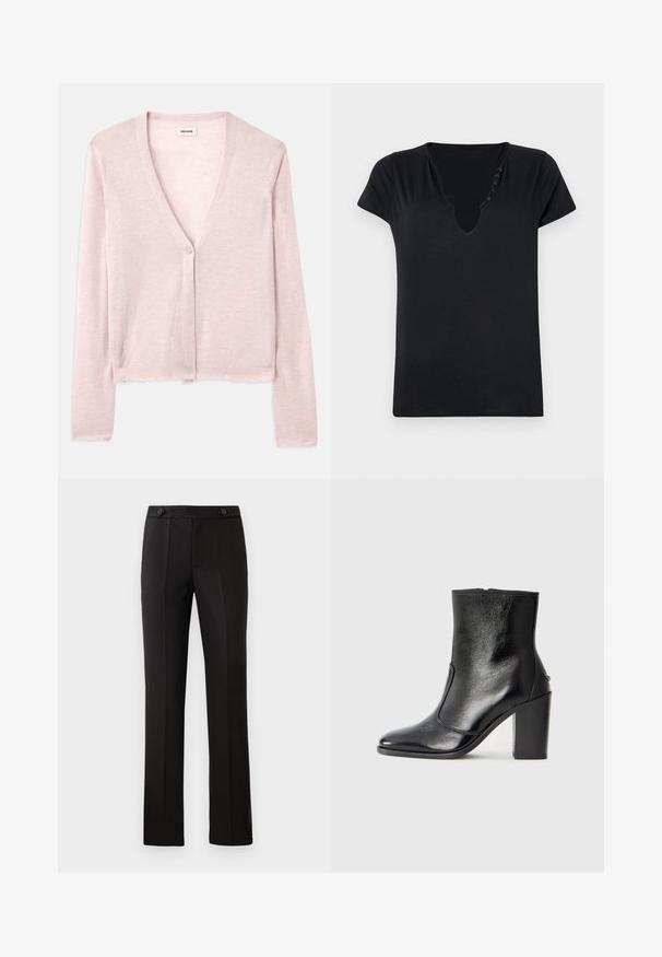 Svetloružový kardigán, skrátený strih, dlhé rukávy, véčkový výstrih, jediné zapínanie na gombík, jemná textúra, subtílny pletený vzor a detaily s nerovným lemovaním.; Čierne tričko s krátkym rukávom a hlbokým výstrihom do V so piatimi ozdobnými gombíkmi pozdĺž výstrihu. Hladká látka s voľným strihom.; Čierne nohavice na mieru so rovnými nohavicami, dvoma prednými vreckami, gombíkovým zapínaním a skladaním na prednej strane. Hladká textúra látky.; Čierna kožená kotníková obuv s hladkým povrchom, špicatou špičkou a masívnym vysokým podpätkom. Zdobená bočným otvorom a minimalistickým dizajnom.