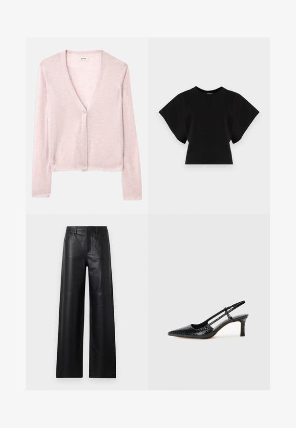 Light pink cardigan, cropped design, long sleeves, v-neck, single button closure, soft texture, subtle knit pattern, and raw hem detailing.; Black cropped t-shirt made of cotton, featuring short, wide sleeves and a round neckline with a smooth texture and minimalist design.; Wide-leg black leather pants with a smooth texture, featuring front pockets, a button closure, and subtle stitching details.; Black patent slingback heel with a pointed toe, featuring textured snake print, adjustable strap, and a short, textured block heel.