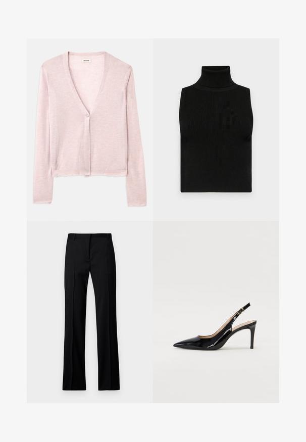 Light pink cardigan, cropped design, long sleeves, v-neck, single button closure, soft texture, subtle knit pattern, and raw hem detailing.; Black sleeveless turtleneck top with ribbed texture and fitted design. Smooth fabric with a high neck and no additional embellishments.; Black straight-leg trousers in smooth fabric, featuring a flat front, belt loops, and no visible pockets or embellishments.; Black patent leather slingback pump with pointed toe, slim heel, and a subtle cutout design. Features a gold buckle on the strap.