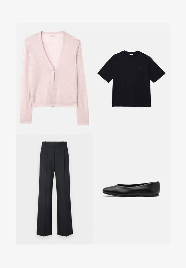 Svijetlo ružičasti kardigan, skraćeni dizajn, dugi rukavi, v-izrez, zatvaranje na jedan gumb, mekana tekstura, suptilan pleteni uzorak i sirovi detalji na rubovima.; Crna majica kratkih rukava od pamuka, s okruglim izrezom i malim logom na lijevoj strani prsa. Glatka tekstura i ležeran kroj.; Tamno plave prugaste hlače visokog struka, širokih nogavica, bez vidljive opreme ili ukrasa. Glatka tekstura i kroj prilagođen tijelu.; Paul Smith TOPANGA - Balerinke - black