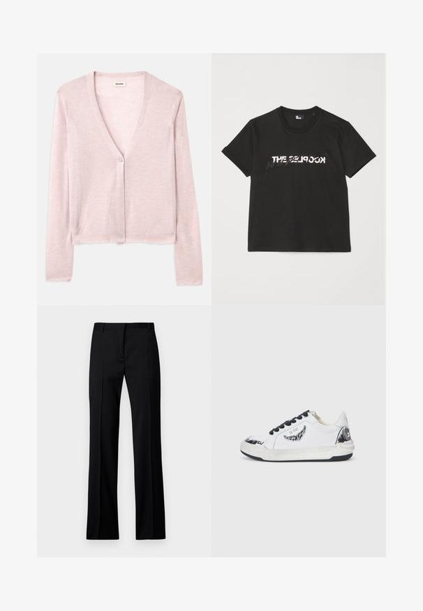 Svijetlo ružičasti kardigan, skraćeni dizajn, dugi rukavi, v-izrez, zatvaranje na jedan gumb, mekana tekstura, suptilan pleteni uzorak i sirovi detalji na rubovima.; Crna pamučna majica s kratkim rukavima, s printanim bijelim i sivim dizajnom "THE 2LOOK" na prednjem dijelu. Klasičan okrugli izrez.; Crne ravne hlače od glatke tkanine, s ravnim prednjim dijelom, petljama za remen i bez vidljivih džepova ili ukrasa.; Bijela tenisica s crnim akcentima, s teksturiranim dizajnom s strane, crnim vezicama i gumenim potplatom. Logo i umjetnički rad na gornjem dijelu.