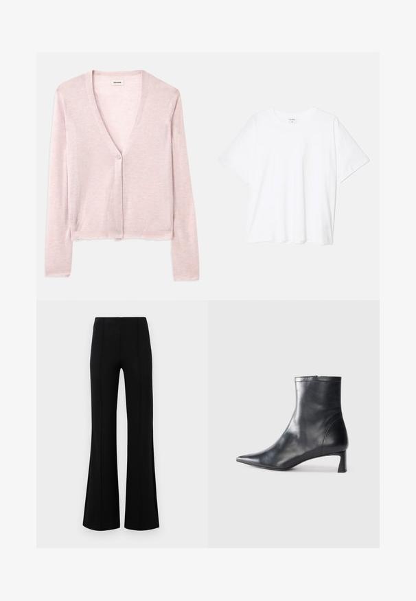 Cardigan rosa claro, diseño corto, mangas largas, escote en V, cierre de un botón, textura suave, patrón de punto sutil y detalles de dobladillo sin terminar.; Camiseta de algodón blanca con mangas cortas, escote redondo, corte relajado y dobladillo cosido. Etiqueta visible en el interior del cuello.; Pantalones acampanados negros de cintura alta, fabricados en tejido elástico. Presentan detalles de costura vertical en la parte delantera y una textura suave.; Botín de cuero negro hasta el tobillo con punta afilada y un diseño elegante. Presenta un tacón bajo y un cierre con cremallera en la parte trasera. Textura suave.