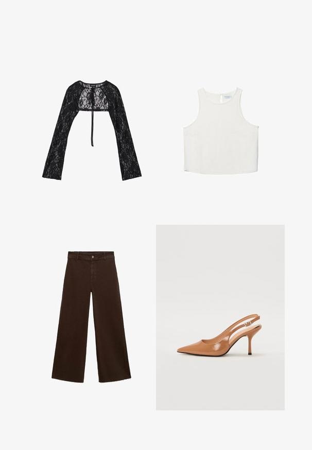 Even&Odd Cardigan - black; Hvid ærmeløs top med rund halsudskæring, der har en subtil tekstur, nøglehulsbagdetalje og lige kant.; Brune viddebukser i en bomuldsblanding, med en frynset kant, frontknaplukning og klassisk fem-lomme design. Minimalistiske og alsidige.; Spids tå slingback hæl i et glat, blankt tan materiale. Har et buet udskæring design og en slank stiletto hæl. Sølv spænde detalje.