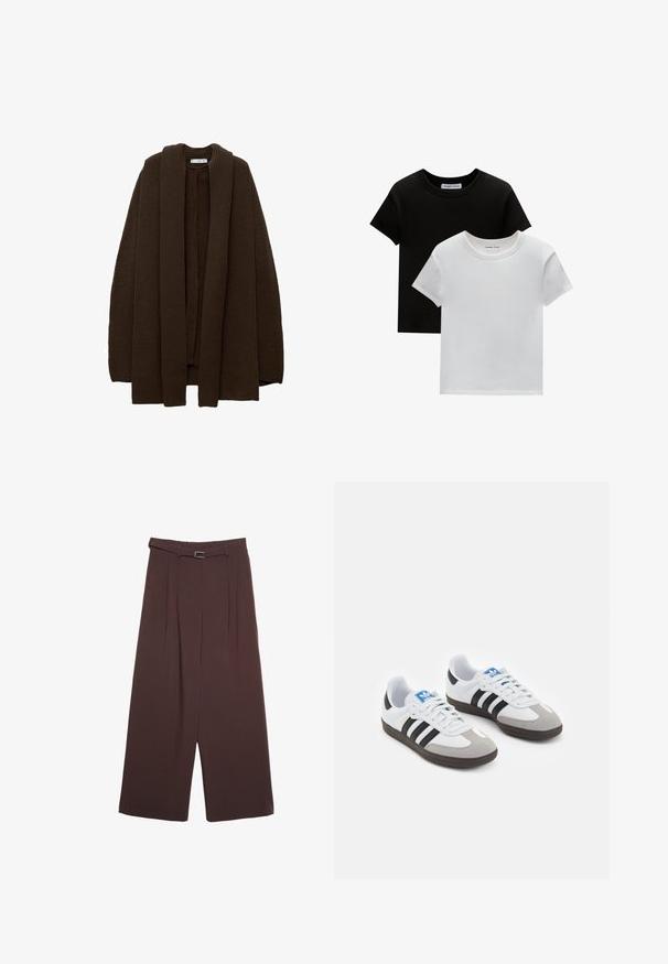 Mango CAPRI - Kardigán - brown; Dvoje tričiek s okrúhlym výstrihom, jedna čierna a jedna biela, vyrobené z bavlny. Majú krátke rukávy a jednoduchý dizajn bez vzorov alebo akcentov.; Stradivarius WIDE-LEG WITH BUCKLE DETAIL - Nohavice - dark brown; Športové topánky s bielym koženým zvrškom, šedou semišovou špičkou a tromi čiernymi pruhmi. Obsahujú modré logo na jazyku a štruktúrovanú gumovú podrážku.