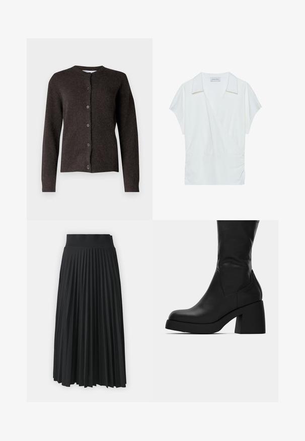 Samsøe Samsøe NOR SHORT CARDIGAN - Cardigan - chocolate torte; Hvit krage omslagsbluse laget av glatt stoff, med kort erme og samlet detaljering i livet for en avslappet passform.; Svart plisserte skjørt med bred midjebånd, med jevne vertikale folder gjennom hele. Glatt tekstur med en flytende design.; Sorte lærstøvler midt på læggen med kraftig blokhæl og rund tå, vist fra siden på hvid baggrund.