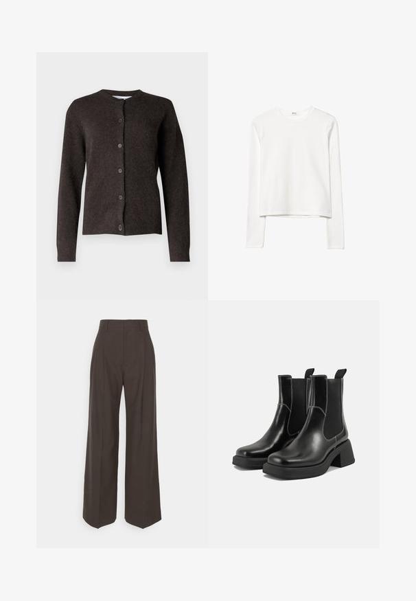 Samsøe Samsøe NOR SHORT CARDIGAN - Strickjacke - chocolate torte; Weißes langärmliges Baumwolloberteil mit Rundhalsausschnitt, kurzes Design, glatte Textur und minimalistischem Erscheinungsbild. Keine sichtbaren Logos oder Muster.; Dunkelbraune weite Hose mit hoher Taille, die über sorgfältig gebügelte Falten, eine glatte Textur und eine taillierte Passform verfügt.; Schwarze Leder Chelsea-Stiefel mit einem klobigen Absatz, elastischen seitlichen Einsätzen und kontrastierendem weißen Nähten. Strukturierte Oberfläche.