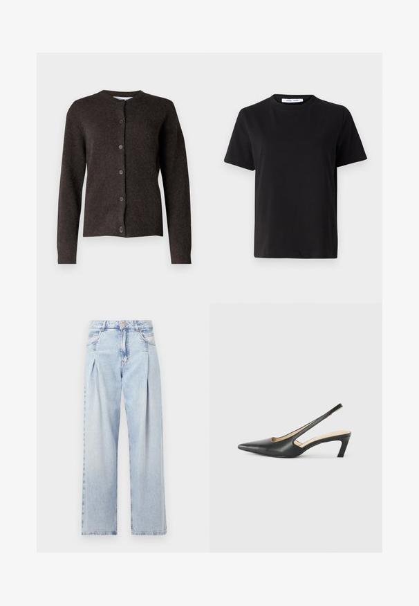 Samsøe Samsøe NOR SHORT CARDIGAN - Kardigán - chocolate torte; Fekete, rövid ujjú póló, puha pamutból készült, kerek nyakkivágással, laza szabással és sima textúrával. Nincs látható minta vagy grafikák.; Világoskék farmernadrág magas derekú, bő szabású, két oldalsó zsebbel és pliszírozott dizájnnal. Puha tapintású, elhalványított felület.; Fekete, hegyes orrú, slingback cipő alacsony sarkával, sima bőrből készült, oldalt kivágott deisgnal a légáteresztőképesség érdekében.