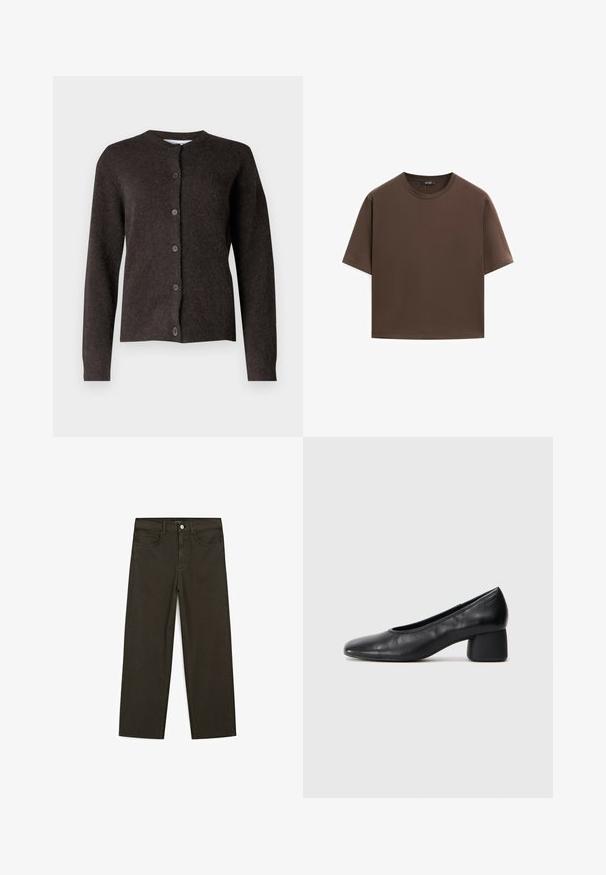 Samsøe Samsøe NOR SHORT CARDIGAN - Vest - chocolate torte; Bruine katoenen t-shirt, korte mouwen, ronde hals, relaxte pasvorm, gladde textuur, minimalistisch ontwerp, geen zichtbare patronen of accenten.; Donkergroene wijde jeans van een katoenmix, met een sluiting met een voorste knop, vijf zakken en klassieke denimstiksels.; Zwarte leren pump met een ronde neus en een middenblokhak. Glad textuur met minimale details, voorzien van een subtiele elastische opening.