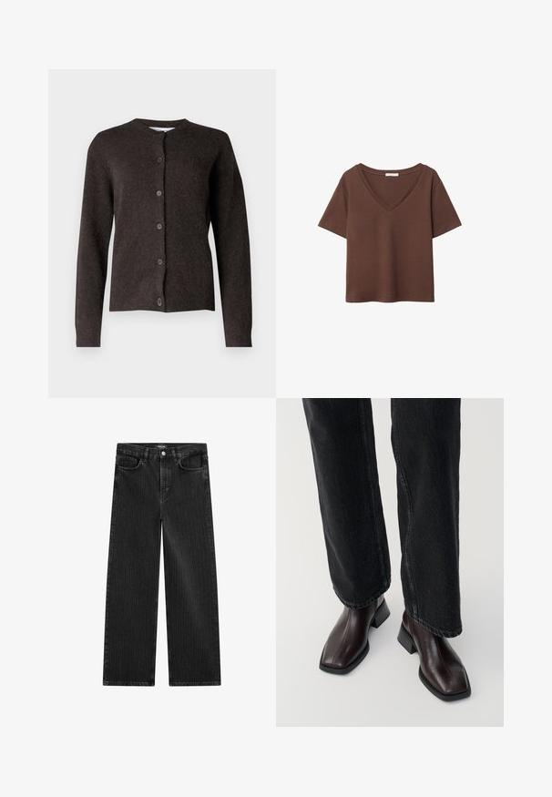 Samsøe Samsøe NOR SHORT CARDIGAN - Kofta - chocolate torte; Brun bomulls t-shirt med korta ärmar och djup V-ringning. Enkel design, mjuk textur och rak fåll. Inga mönster eller dekorationer.; Bredbenta svarta denimjeans med ett subtilt vertikalt randmönster, med femfickorsdesign och en klassisk knäppning i midjan.; Bruna läderankelstövlar med fyrkantig tå och blockklack, matchade med svarta vida jeans. Slät textur och minimalistisk design.