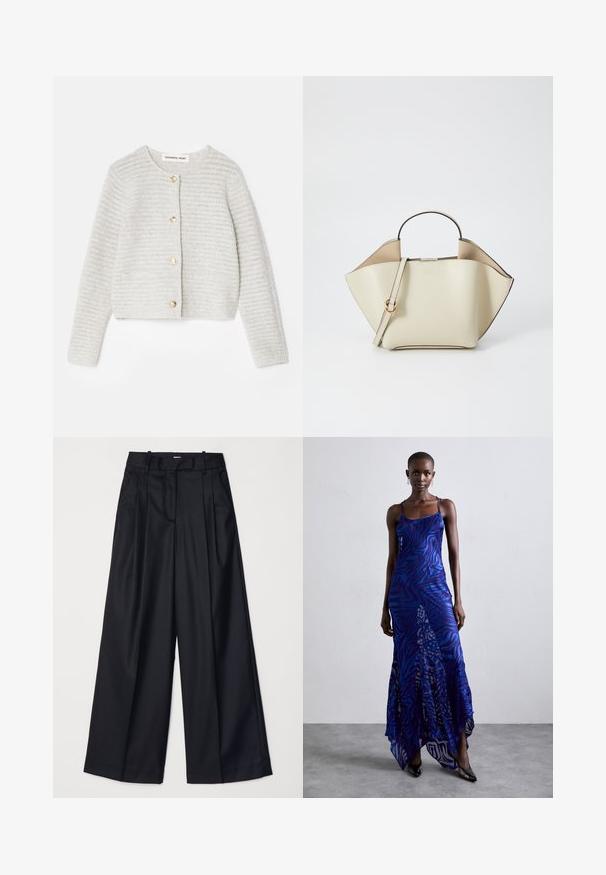 DESIGNERS REMIX CARMEN - Kofta - oatmeal; Svart långärmad topp i mjukt tyg, med rund halsringning och avslappnad passform samt sidoventiler vid nederkant för ökad rörlighet.; Svarta vida byxor i slät tyg, med hög midja, veck och skräddarsydd design. Enkel svart detalj vid midjan.; Maxiklänning med blå och lila djurmönster, tunna remmar, åtsittande byst, utsvängd fåll och genomskinliga detaljer.; Ree Projects ANN - Handväska - beige