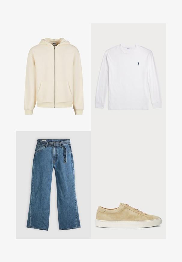 Cremfarbener Zip-Hoodie aus weichem Stoff, mit gefütterter Kapuze, frontalen Taschen und gerippten Bündchen sowie Saum für einen engen Sitz.; Weißes Langarm-T-Shirt aus Baumwolle. Mit Rundhalsausschnitt, gerippten Bündchen und kleinem, dunkelblauem Polo-Logo auf der linken Brust.; Blaue Denim-Jeans mit weitem Bein, angebautem Gürtel, vorderen Taschen und sichtbaren Nähten auf einem schlichten hellen Hintergrund.; Beige Wildledersneaker mit niedrigem Profil, runder Zehenpartie und beigen Schnürsenkeln. Verfügt über eine weiße Gummisohle und dezente Markenkennzeichnung an der Seite.