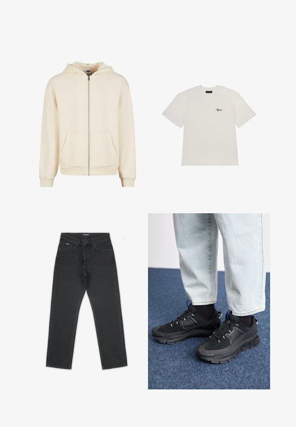 Felpa zip-up crema realizzata in tessuto morbido, con cappuccio foderato, tasche frontali e polsini e orlo a costine per una vestibilità aderente.; T-shirt bianco a coste con maniche corte, scollo tondo e un piccolo logo nero sul lato sinistro del petto. Tessuto morbido e testurizzato.; Pantaloni in denim nero con vita alta, vestibilità dritta e finitura testurizzata sottile. Presentano il classico design a cinque tasche e chiusura con bottone anteriore.; Scarpe sportive nere con tessuto testurizzato e suole in gomma, dotate di lacci elastici e un accento blu sul tallone. Indossate con pantaloni in denim chiaro.