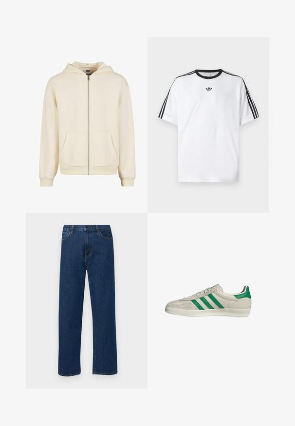 Crème kleurige zip-up hoodie gemaakt van zachte stof, met een gevoerde capuchon, voorzakken en ribbelmanchetten en -zoom voor een aansluitende pasvorm.; Witte T-shirt van katoen, met een zwarte ronde halslijn en drie zwarte strepen op elke schouder. Klein zwart logo op de borst.; Donkerblauwe rechte denim jeans met frontzakken en een knoopsluiting, weergegeven op een effen witte achtergrond.; Beige sneaker met groene strepen, voorzien van een witte zool en een bovenkant van glad leer. Zijaanzicht dat de veters en het logo benadrukt.
