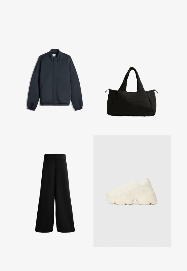 Sötétszürke pulóver magas gallérral, ejtett vállakkal és rugalmas mandzsettákkal. Minimalista dizájn és oldalsó zsebek jellemzik. Simább textúra.; Fekete, rövid ujjú póló kerek nyakkivágással és perforált hálós részletekkel a vállakon. Simaszerkezetű anyag, laza szabás, ívelt alj.; Fekete, széles szárú nadrág puha anyagból. Magasított derékkal és sima textúrával rendelkezik, tiszta vonalakkal, laza, kényelmes szabást kínálva.; Tömbös fehér sneakers, amely texturált hálóból és szintetikus anyagokból készült, vastag talppal és bonyolult mintázattal az oldalakon.; Fekete táska pufi textúrával, két rövid fogantyúval és oldalzsebbel, amelyet húzózsinór rögzít. Egyszerű, szögletes forma.