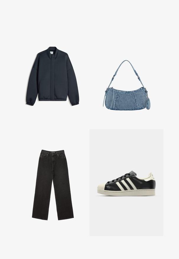 Tmavě šedá mikina s vysokým límcem, spadlými rameny a elastickými manžetami. Obsahuje minimalistický design a boční kapsy. Hladká textura.; Černé tričko s kulatým výstřihem vyrobené z jemné bavlny. Krátké rukávy, volný střih a rovný lem bez zdobení nebo vzorů.; Černé široké džíny vyrobené z denimu, s malými tečkovanými vzory, klasickým pětikapsovým designem a zapínáním na knoflík a zip.; Černé kožené sneakers s bílými pruhy, gumovou špičkou, černými tkaničkami a krémovou podešví. Hladký povrch s lesklým finišem.; Džínová kabelka s zakřiveným tvarem, světle modré barvy, nastavitelným ramenním popruhem a malou odnímatelnou kapsičkou s metalickými akcenty.