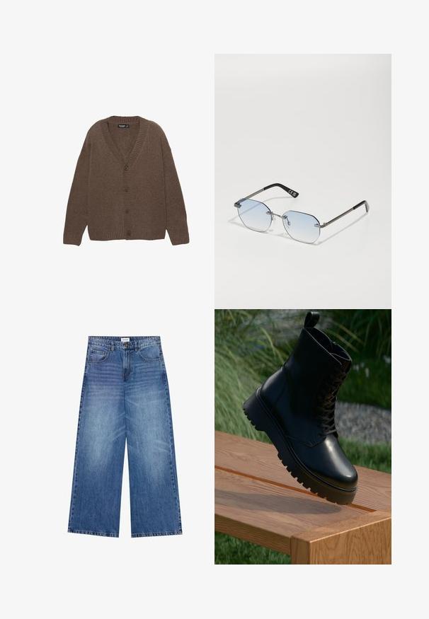 Barna kötött kardigán, V-nyakkal, bordás mandzsettákkal és szegéllyel, valamint öt nagy gombbal az elülső részen. Puha tapintású, laza illeszkedéssel.; Fehér gombos ing sima anyagból, klasszikus gallérral, hosszú ujjal és ívelt alsó résszel. Elülső részén bézs gombok találhatók.; Világoskék farmer széles lábú nadrág, gombos záródással, négy zsebbel és enyhén kopott textúrával az anyagon.; Fekete bőr bokacsizma texturált felülettel, fűzős elejével és vaskos, bordázott talpával. Fából készült felületen, fű háttérrel kiemelve.; Privé Revaux TRACK STAR UNISEX - Napszemüvegek - grey