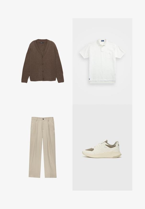Barna kötött kardigán, V-nyakkal, bordás mandzsettákkal és szegéllyel, valamint öt nagy gombbal az elülső részen. Puha tapintású, laza illeszkedéssel.; Fehér pólóing, pamutból készült, klasszikus gallérral, háromgombos végigfutóval és bal oldali zsebével; kis logó a szegélyen.; Beige egyenes szárú nadrág, egy fekete gombbal, övhurkokkal és oldalzsebekkel. Sima szövettextúra és minimális design.; Fehér és világos bézs sportcipő, légies hálós felsőrésszel, perforált részletekkel és texturált középtalppal, amelyen a saroknál a márka logója található.