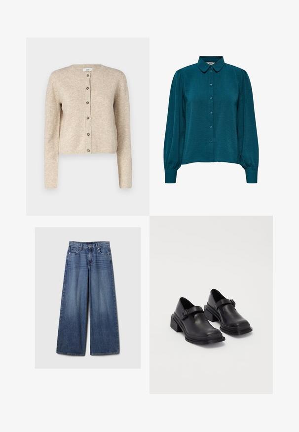 Bež pleteni kardigan s okruglim izrezom, dugim rukavima i prednjim zatvaranjem na sedam dugmadi. Sadrži rebraste manžetne i rub.; Turkizna bluzica z ovratnikom, gumbi na sprednji strani in dolgimi rokavi. Narejena iz strukturirane tkanine s nabranimi manšetami.; Široke jeans hlače iz modrega denima z bledečim finišem, z gumbom in zadrgo, petimi žepi in zanko za pas.; Črne usnjene čevlje z zaobljenim nosom, ravnim podplatom in trakcem z zaponko. Debel blokasti petnik za dodatno stabilnost.