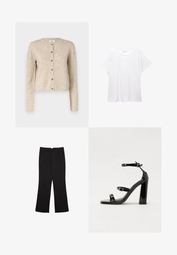 Beżowy sweter dzianinowy z okrągłym dekoltem, długimi rękawami i zapięciem na siedem guzików z przodu. Posiada ściągacze na rękawach i u dołu.; Biała koszulka wykonana z miękkiej, lekkiej tkaniny. Posiada okrągły dekolt oraz krótkie, szerokie rękawy, zapewniające luźny krój. Brak widocznych wzorów.; Czarne spodnie o prostym kroju, z przednimi kieszeniami i bocznymi rozcięciami na dole. Wykonane z miękkiego, gładkiego materiału. Odpowiednie na różne okazje.; Czarne lakierowane sandały na wysokim obcasie, z dwoma paskami zapinanymi na klamry, kwadratowy nosek i masywny obcas typu słupek, o gładkiej, błyszczącej fakturze.