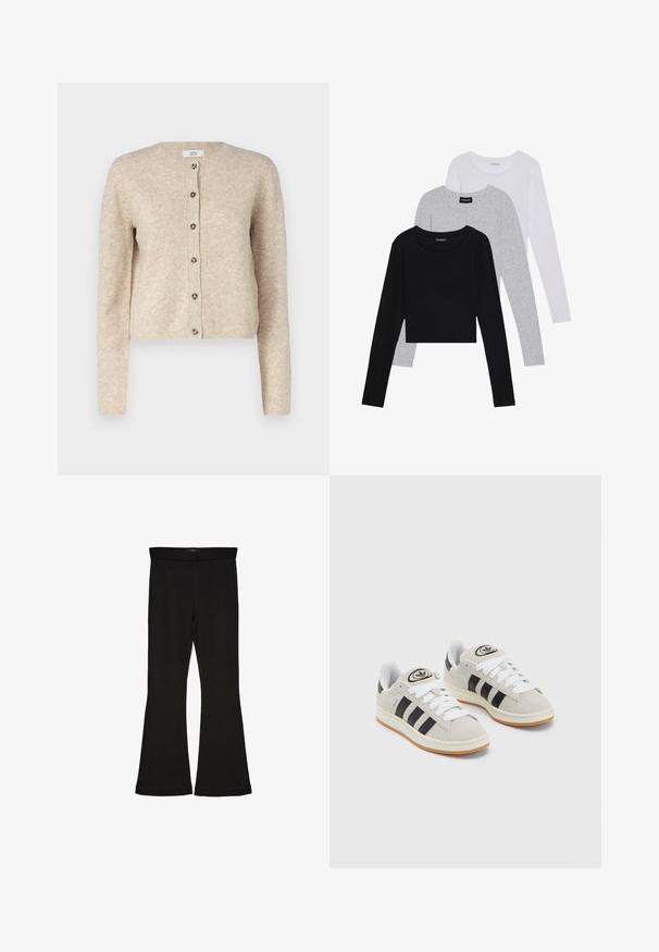 Beige kötött kardigán kerek nyakkivágással, hosszú ujjakkal és hét gombos elülső záródással. További jellemzői a bordás mandzsetta és szegély.; Három hosszú ujjú póló egymásra rakva: fekete, szürke és fehér. Mindegyiknek kerek nyaka van, és rövidített fazonnal rendelkezik, sima, könnyű anyagból készült.; Fekete trapéz leggings rugalmas anyagból készült. Széles derékpánttal és sima textúrával rendelkezik, illeszkedő sziluettje van, amely a szegélyen kigyullad.; Szürke velúr sportcipők fehér fűzővel, fekete csíkokkal és fehér gumitalppal. A nyelvén kör alakú logó található, illetve a talpa színes gumi.