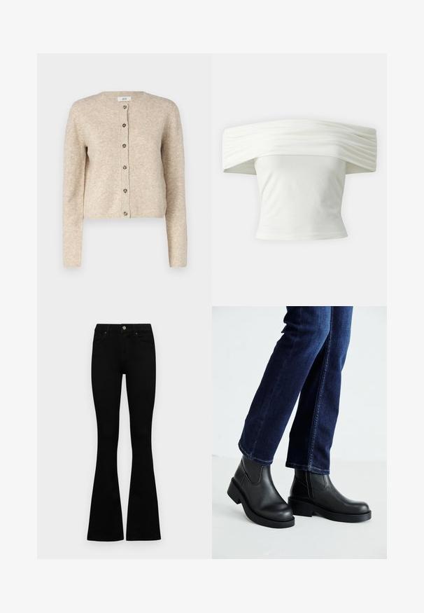 Cardigã de malha em bege com decote redondo, mangas compridas e fecho frontal com sete botões. Com punhos e bainha canelados.; Top branco off-the-shoulder com decote plissado e estruturado e corpete ajustado. Feito de um tecido suave com uma textura lisa.; Jeans pretos de cintura alta com fecho de botão e zíper, bolsos frontais e pernas largas dispostos em cima de um fundo branco.; Botas de tornozelo de couro preto com sola grossa e painéis elásticos laterais, combinadas com jeans azul escuro. O chão é de cor clara.