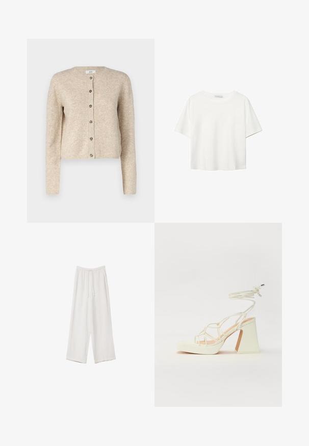 Bež pleteni kardigan s okruglim izrezom, dugim rukavima i prednjim zatvaranjem na sedam dugmadi. Sadrži rebraste manžetne i rub.; Bela kratka majica s kratkimi rokavi iz bombaža. Ima okroglo izrezovanje in sproščen kroj. Gladka tekstura brez vidnih vzorcev ali poudarkov.; Bele široke hlače iz lahkega materiala. Imajo elastičen pas s vrvico in stranske žepe. Gladka tekstura.; Bela sandala na visokih petah s debelim petam, ki ima obliko trakcev in vezanje okoli gležnja. Gladka tekstura z platformo spredaj za dodatno višino.
