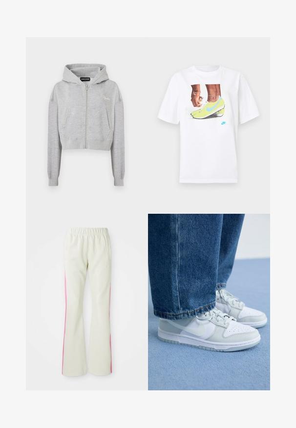 Svjetlosiva skraćena hoodie s prednjim zipom, dva bočna džepa i rebrastim manžetama. Sadrži vezenu oznaku na lijevoj strani grudi.; Bijela pamučna majica s grafikom stopala u žutim Nike kopačkama s plavim akcentima, uparena s narukvicom na lijevom zapešću.; Svijetloplave hlače s elastičnim pojasom, s ružičastim bočnim panelima i bočnim džepovima. Glatka tekstura s ravnim krojem.; Nike tenisice u bijeloj i svijetlo sivoj koži s perforiranim prstima, ravnom vezicom i gumenim đonom, uparenim s plavim trapericama.