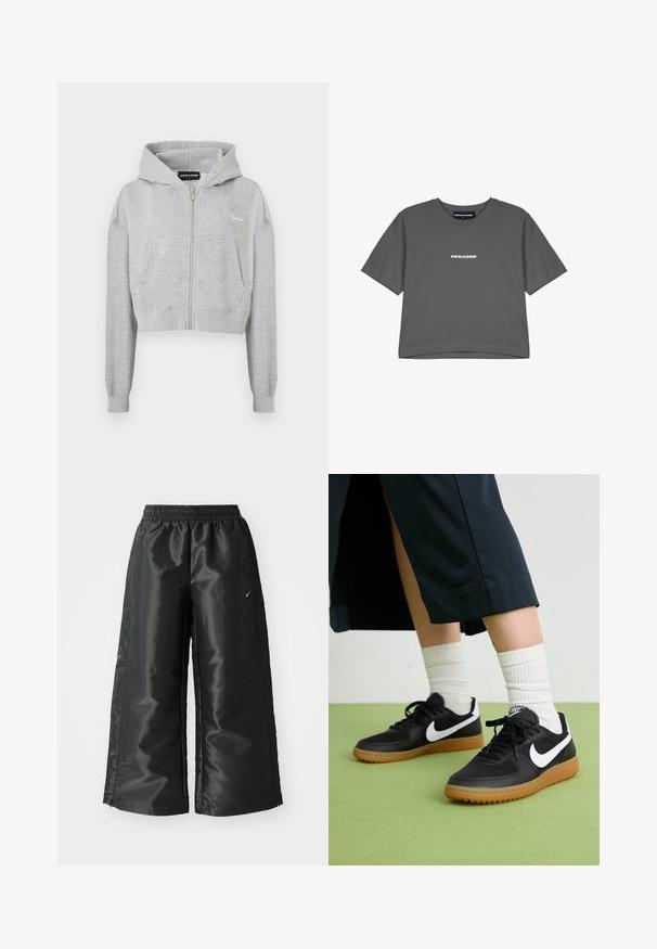 Světle šedá zkrácená mikina s předním zipem, dvěma bočními kapsami a žebrovanými manžetami. Obsahuje výšivku loga na levé části hrudi.; Šedé bavlněné tričko s krátkými rukávy a kulatým výstřihem. Na hrudi má bílé logo "PEGADOR". Jednoduchý, uvolněný design.; Černé sportovní kalhoty z lesklé, hladké látky, s elastickým páskem, širokými nohavicemi a malým logem na levé straně.; Černé kožené a syntetické tenisky s bílým logem Nike, gumovou podrážkou, kulatou špičkou a černými tkaničkami. Viditelné žebrované bílé ponožky.