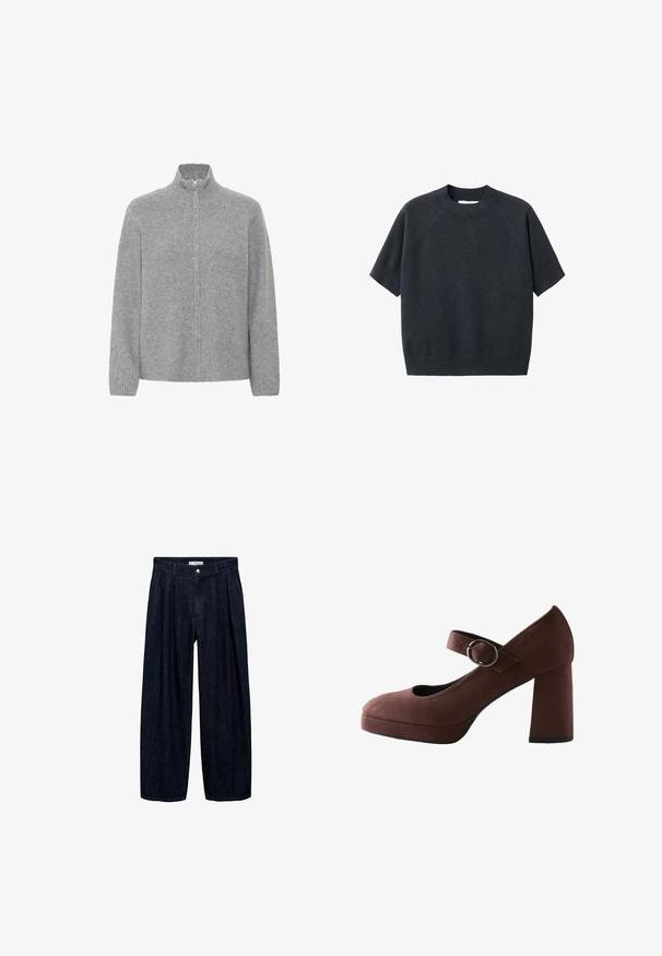 ICHI DUCIE CA - Kofta - grey melange; Mörkgrå kortärmad stickad tröja med rund hals, med en löst sittande passform och raglanärmar, tillverkad av ett mjukt, texturerat tyg.; Mörk denim vida byxor med veck vid midjan, med en framknapp och bältesögglor. Slät textur och helängdsdesign.; Brun mockaskor i Mary Jane-stil med rund tå, bred klack, justerbar ankelrem och en platå fram. Har en slät textur.