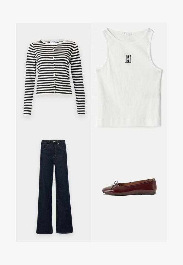 Cardigã às riscas em preto e branco, com mangas longas, decote redondo, fecho frontal com botões e textura de malha suave.; Top pérola canelado branco com um logótipo bordado preto centrado no peito. A gola e as cavas têm um acabamento discreto.; Jeans de perna larga de cor azul escuro, feitos de denim, com costura dourada, fecho de botão e bolsos frontais. Textura suave, design casual.; Bailarinas em couro sintético borgonha com bico redondo, pequeno laço na frente e sola baixa em borracha preta. Textura suave.