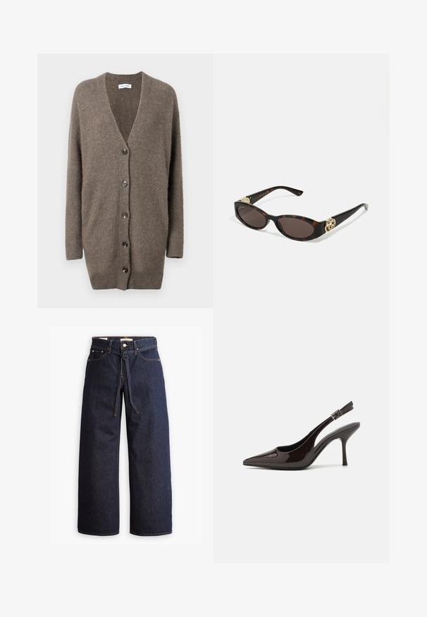 Cárdigan de lana marrón con cuello en V, mangas largas y cinco botones en la parte delantera. Presenta puños y dobladillo acanalados. Textura suave y corte relajado.; Camisa de botón a rayas azules con cuello, mangas largas y dobladillo curvado. La tela parece suave y ligera. Cierre de botón en la parte delantera.; Jeans de mezclilla oscuros de pierna ancha con cintura alta, que cuentan con un lazo ajustable, cinco bolsillos y detalles de costura en contraste.; Zapato de tacón alto tipo slingback en piel sintética brillante de color marrón oscuro, con punta afilada, laterales abiertos y correa ajustable en el tobillo.; Gafas de sol carey con lentes ovalados alargados, tintado marrón, acentos de logo dorado en las patillas y brazos negros elegantes.