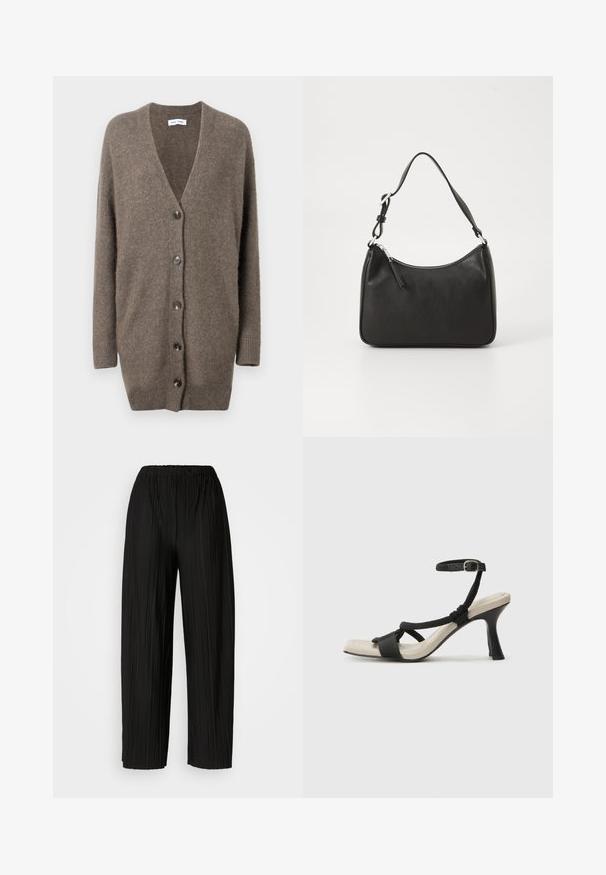 Hnedý vlnený kardigán s V-krkom, dlhými rukávmi a piatimi prednými gombíkmi. Má rebrované manžety a spodný lem. Mäkká textúra a voľný strih.; Biely dlhý rukáv tričko vyrobené z rebrovanej látky, s okrúhlym výstrihom a priliehavým strihom. Neobsahuje vzory ani akcenty.; Čierne plisované nohavice s širokými nohavicami a elastickým pásom. Tkanina má vertikálne plisovanie a hladkú textúru.; Čierne sandále na podpätku s pleteným pásikom, štvorcovou špičkou a nastaviteľným remienkom okolo členka. Svetlobéžová stielka s lesklým čiernym podpätkom.; Čierna kožená kabelka s oblým tvarom, jediným popruhom, zipsom a nenápadným logom na prednej strane. Hladká textúra, minimalistický dizajn.