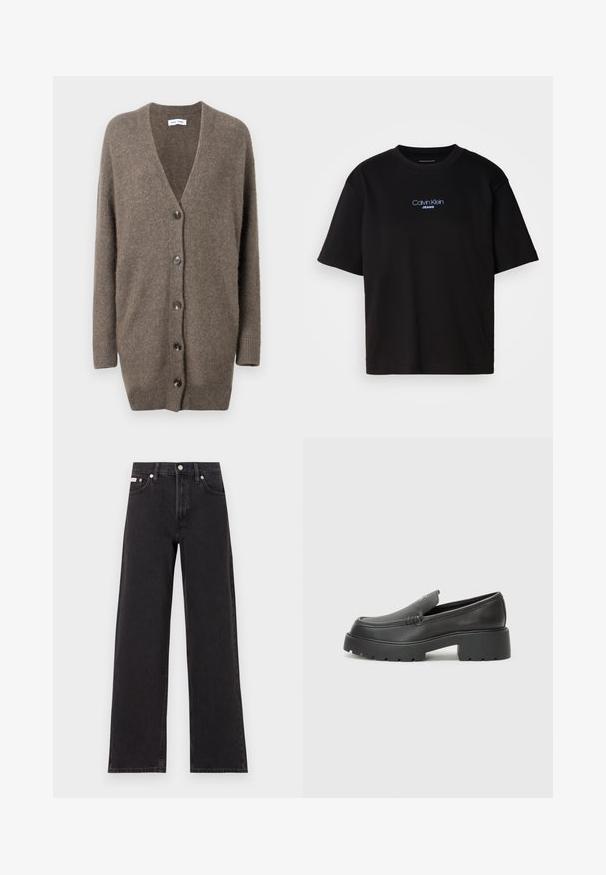 Hnědý vlněný kardigan s výstřihem do V, dlouhými rukávy a pěti předními knoflíky. Obsahuje žebrované manžety a lem. Měkká textura a volný střih.; Černé bavlněné tričko s kulatým výstřihem a krátkými rukávy, s modrou vyšitou nášivkou "Calvin Klein JEANS" na přední straně.; Černé široké jeansy vyrobené z denimu, s vysokým pasem, pěti kapsami a kovovým zapínáním s kontrastním prošíváním.; Černé kožené mokasíny s okrouhlou špičkou, silnou strukturovanou podrážkou a minimálními detaily šití. Elegantní design bez viditelných tkaniček nebo kovových prvků.