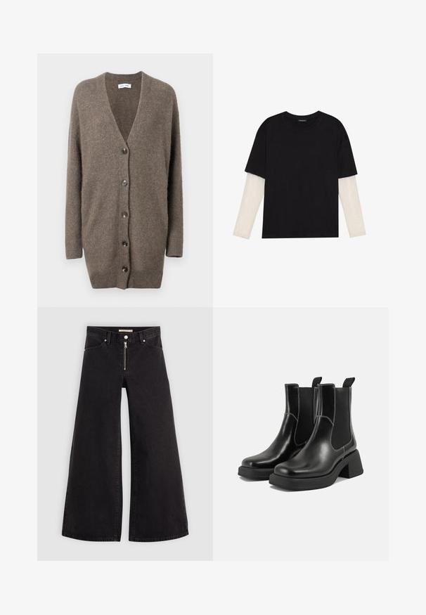 Brūns vilnas kardigāns ar V-veida kakla izgriezumu, garām piedurknēm un piecām priekšējām pogām. Ar ribota dizaina piedurkņu un apakšmalas detaļām. Mīksta tekstūra un brīva piegriezuma stils.; Melna kokvilnas T-kreklu ar īsām piedurknēm, virs baltas garām piedurknēm ar smalku teksturētu rakstu. Apaļas kakla izgriezuma dizains.; Platas kājas džinsi melnā džinsa audumā ar rāvējslēdzēju priekšā, piecu kabatu dizains un smalkas šuvju detaļas. Gluda tekstūra un ikdienišķs stils.; Melni ādas Čelsijas zābaki ar masīvu papēdi, elastīgām sānu panelēm un kontrastējošu balto šuvumu. Teksturēts apdare.