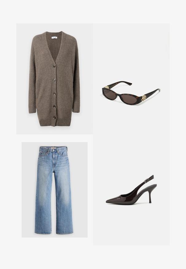 Bruine wollen cardigan met een V-hals, lange mouwen en vijf knopen aan de voorkant. Heeft ribgebreide boorden en een zoom. Zachte textuur en een relaxed fit.; Witte cami-top met een V-halslijn, fijne kanten afwerking, dunne verstelbare bandjes en een zachte, gladde stof.; Lichtblauwe denim wijde broek met hoge taille, vervaagde plekken, vijf zakken en contrasterende stiksels. Klassieke knoop- en ritssluiting.; Slingback hoge hak schoen in glanzend donkerbruin patentleer, puntige neus, open zijkanten en verstelbare enkelband.; Schildpadbril met langwerpige ovale lenzen, bruine tint, gouden logo-accenten op de pootjes en slanke zwarte armen.; Gouden draai-oorringen met transparante achterkant, voorzien van gestructureerde gouden accenten en kleine heldere edelstenen die in het ontwerp zijn ingebed.