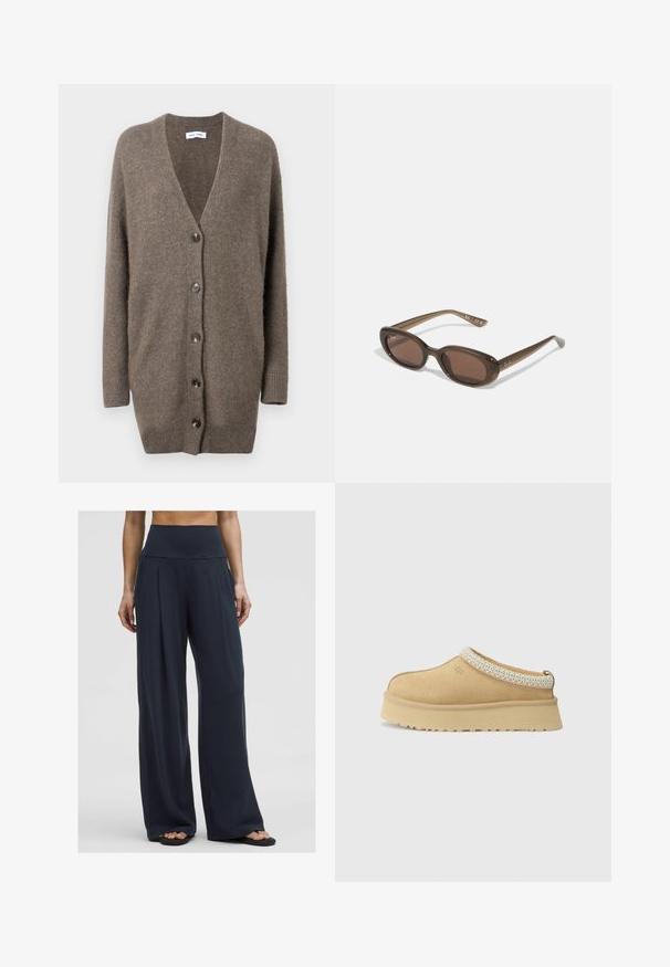 Ruskea villaneule, jossa on V-pääntie, pitkät hihat ja viisi etupainiketta. Omistaa ribbimäiset hihansuut ja helman. Pehmeä rakenne ja rento istuvuus.; Valkoinen hihaton toppi, jossa on säädettävät olkaimet, istuva muotoilu, sileä kankaan rakenne ja pyöreä kaula-aukko. Ei kuvioita tai metalliosia.; Nainen seisoo päällään korkeat vyötäröhousut, joissa on leveät lahkeet, yhdistettynä sandaaleihin, esittäen mukautuvaa ja rentoa tyyliä.; Vaaleanruskeat mokka-slip-on-kengät, joissa on pehmustettu kaulus ja teksturoitu vaaleansininen yksityiskohta. Ominaisuuksiin kuuluu paksu, kestävä pohja, jossa on kuvioitu kulutuspinta.; Ruske oválne slnečné okuliare s tmavými sklami. Rám je vyrobený z priesvitného hnedého materiálu a na stranách má potlačené logo.; Kankaan vaalea olkalaukku, jossa on rento muotoilu ja yksi olkahihna. Pintarakenteessa on teksturoitu kuvio.