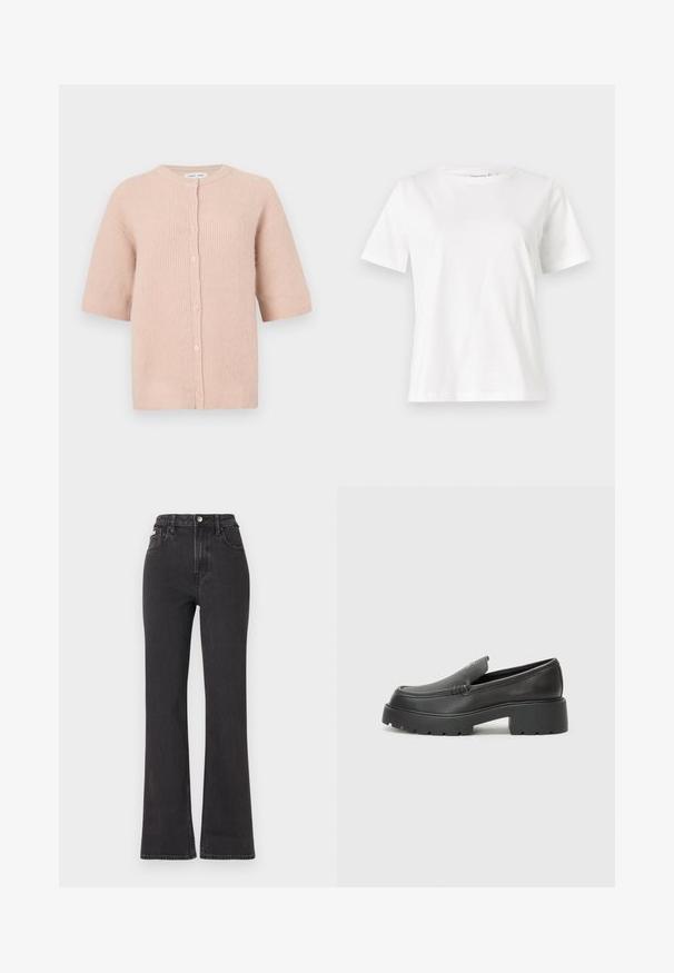 Kortärmad cardigan i mjuk rosa stickning, med rund halsringning och en rad knappar framtill, med en lätt texturerad yta.; Vit bomullströja med korta ärmar, rund halsringning och en avslappnad passform. Slät textur, inga mönster eller detaljer, minimalistisk design.; Svarta högmidjade utsvängda jeans i denim, med knappknäppning, bältesöglor och sidofickor. Slät textur med minimal urtvättning.; Svarta läderloafers med rund tå, tjockt strukturerat såle och minimala sömnadsdetaljer. Snygg design utan synliga snören eller beslag.