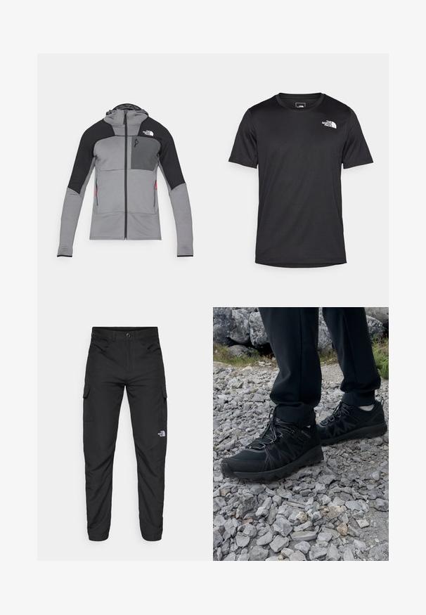 Chaqueta con cremallera en gris y negro con capucha; cuenta con una tela texturizada, paneles de malla, dos bolsillos laterales y un logotipo en la parte superior izquierda del pecho.; Camiseta negra de manga corta hecha de tejido texturizado, con un pequeño logotipo blanco en la parte superior izquierda del pecho, escote redondo.; The North Face HORIZON PANT - Pantalones montañeros largos - black; Zapatos exteriores negros con malla y material sintético, que presentan un upper texturizado, un sistema de cordones seguro y una suela robusta, sobre terreno rocoso.