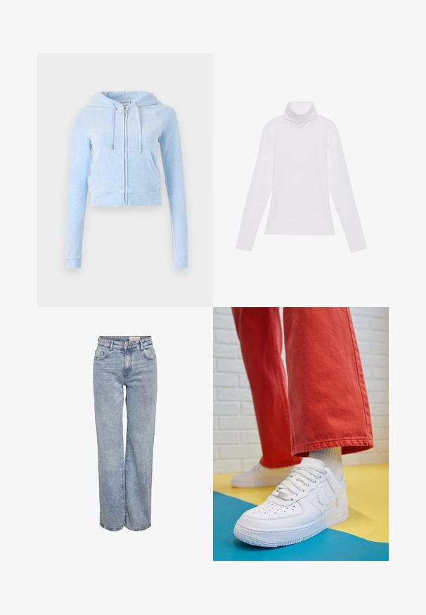 Sutrumpintas šviesiai mėlynas užtrauktukas džemperis iš minkštos medžiagos, turintis gobtuvą, priekinės kišenes ir sidabrinės spalvos raištelius su atitinkama furnitūra.; Baltas ilgomis rankovėmis turtleneko tipo marškinėliai, pagaminti iš lygaus, tamprus audinys. Yra aukštas apykaklė ir prisitaikantis dizainas, be matomų raštų ar papuošimų.; Šviesiai mėlyni plačios kojų džinsai, pagaminti iš džinsinio audinio, pasižymintys aukštu liemeniu, penkių kišenių dizainu ir subtiliu blukimu, kad atrodytų jau dėvėti.; Baltos odinės kedų sportbačiai su perforuotu pirštu, tekstūruota pado dalimi ir baltais raišteliais, derinami su plačiomis raudonomis kelnėmis ir mėlynos bei geltonos spalvų fono kompozicija.