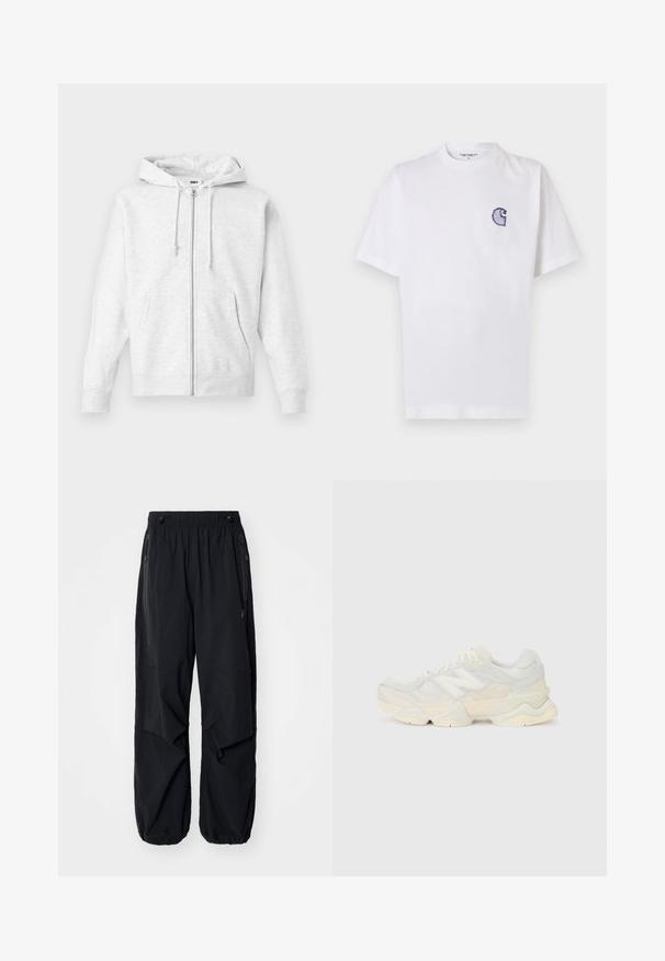Sweatshirt de fecho éclair cinza claro feito de um tecido macio. Apresenta um capuz com cordão, dois bolsos frontais e punhos canelados, com um logotipo subtil no peito.; T-shirt branca de algodão com mangas curtas, decote redondo e um pequeno logotipo azul "C" bordado no lado esquerdo do peito.; Calças cargo leves e pretas com uma cintura elástica, zíperes laterais e bolsos espaçosos. Apresentam um corte solto e bainhas ajustadas.; Sapatilha leve com um upper em malha e camurça em tons suaves de creme, com uma sola robusta e acentos tridimensionais.