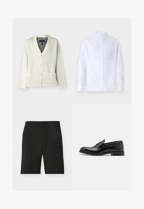 Cream-colored cardigan with a V-neck, ribbed cuffs, and hem. Features two front pockets and five button closures. Soft knit texture.; White long-sleeve button-up shirt made of cotton, featuring a chest pocket with tonal embroidery, a collar, and button cuffs.; Black linen shorts with a drawstring waist, featuring a relaxed fit and knee-length design. Smooth texture, simple and classic style.; Black leather loafers with a smooth texture, rounded toe, and a decorative strap across the vamp. Low stacked heel, minimalist design.