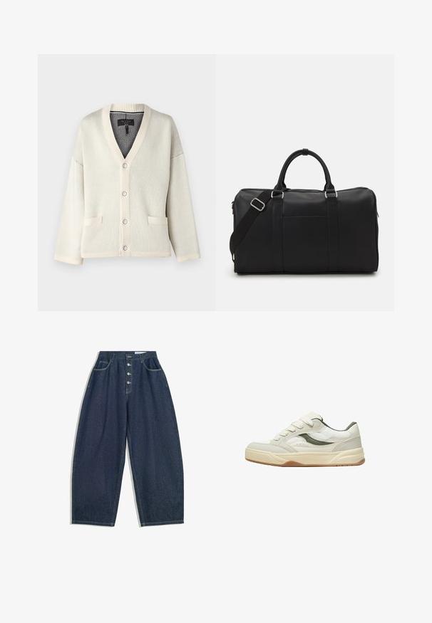 Cream-colored cardigan with a V-neck, ribbed cuffs, and hem. Features two front pockets and five button closures. Soft knit texture.; White cotton t-shirt with a crew neckline, short sleeves, and a relaxed fit. Features plain design without patterns or accents.; Dark blue denim wide-leg trousers with a high waist, five-button closure, and five pockets. Features stitching accents on seams.; White and gray sneaker with a textured leather upper, mesh panels, padded tongue, and a gum rubber sole. Features contrasting green accents.; Pier One UNISEX - Weekend bag - black