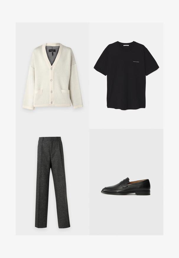 Cardigan color crema con scollo a V, polsini e orlo a coste. Presenta due tasche frontali e cinque chiusure a bottone. Texture in maglia morbida.; T-shirt in cotone nero con collo rotondo, maniche corte e stampa bianca del logo sul lato sinistro del petto. Design semplice e monocromatico.; Pantaloni grigi su misura realizzati in tessuto strutturato, con due pieghe frontali e un design a gamba dritta. Nessuna tasca o decorazione visibile.; Mocassino in pelle nera con punta arrotondata, dettagli cuciti sottili e tacco basso, caratterizzato da una texture liscia e un design minimalista.